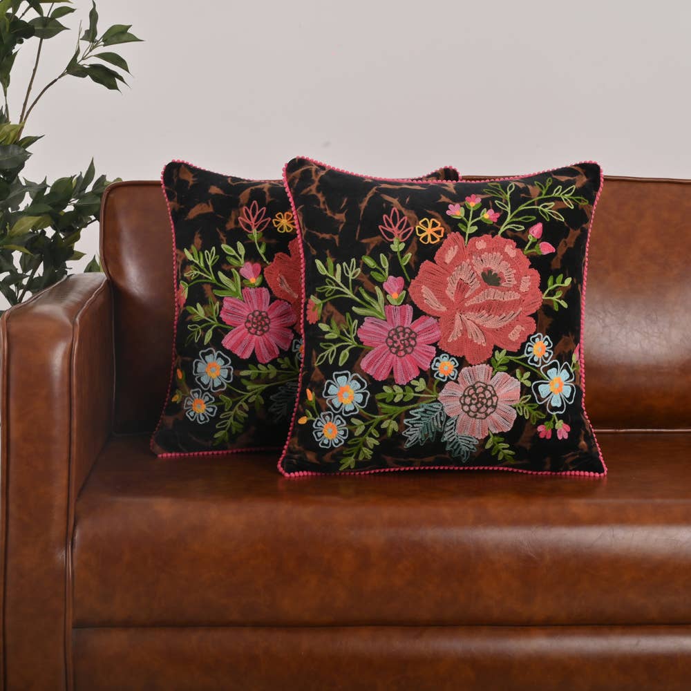 Black Floral Velvet Pillow