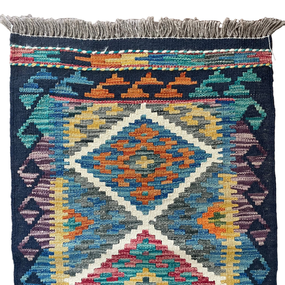 Colorful patterned rug with geometric design on a wooden floor