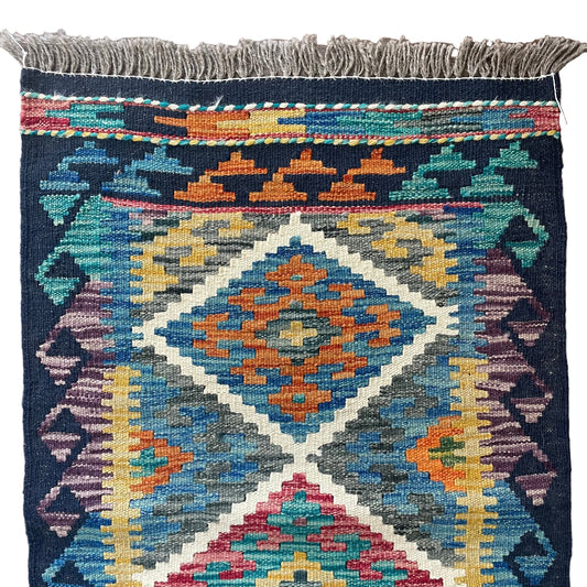 Colorful patterned rug with geometric design on a wooden floor