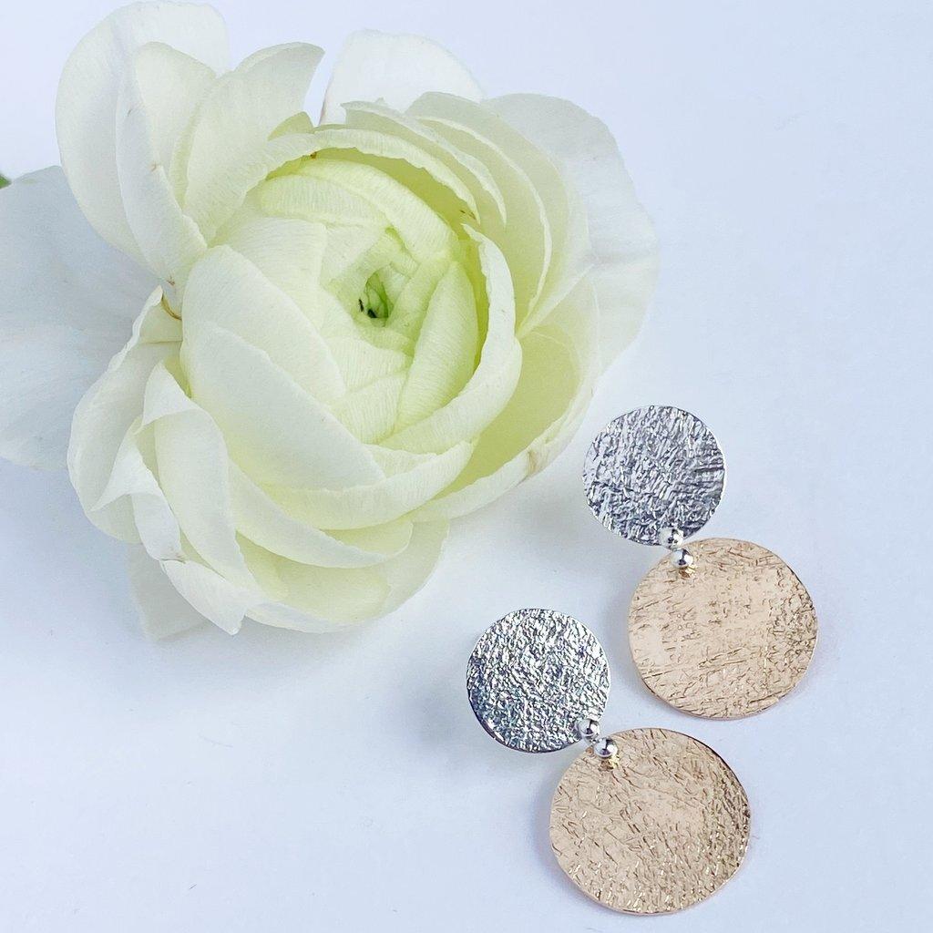 Buttoned Up Stud Earrings - Silver and 14K gold plate Earrings